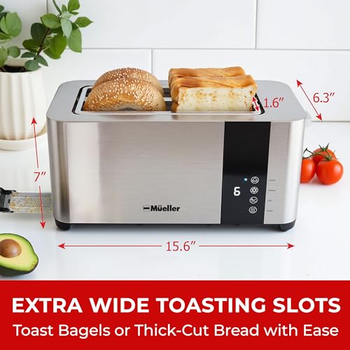 Mueller UltraToast Stainless Steel Toaster 4 Slice, Wide Slots for Bagels, 6 Browning Levels, LED Display, Kitchen Gadget