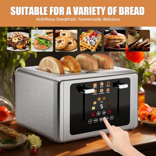 Brand 4-Slice Toaster: Touchscreen, Dual Control Panel, 6 Shade Settings, 6 Bread Types, Smart Features, Silver