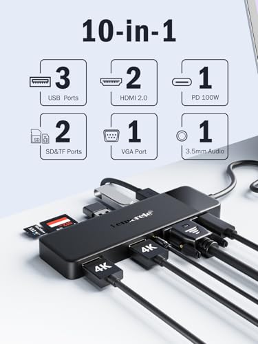Lemorele 10-in-1 USB C Hub with 2 HDMI 4K, VGA, 3 USB 3.0/2.0, PD 100W - for HP, ThinkPad, MacBook, Surface