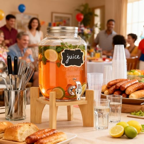 Hisredsun Glass Drink Dispenser w/ Stand, Beverage Tap for Parties, Weddings, Birthdays