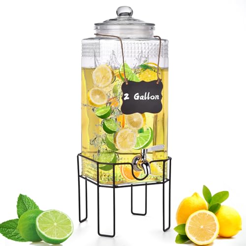 Glass Drink Dispenser with Stand and Lid, 2-Gallon Beverage Dispenser for Parties, Spigot, Ideal for Lemonade, Juice, Iced Tea
