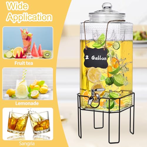 Glass Drink Dispenser with Stand and Lid, 2-Gallon Beverage Dispenser for Parties, Spigot, Ideal for Lemonade, Juice, Iced Tea