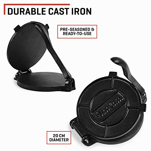 Uno Casa Cast Iron Tortilla Press - 8 Inch Pre-Seasoned Maker + 100 Pcs Parchment Paper - Roti & Taco Press for Authentic Cooking