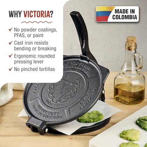 Victoria 8-Inch Cast Iron Tortilla Press: Commercial-Grade Roti Maker, Pataconera with Flaxseed Oil, Made in Colombia