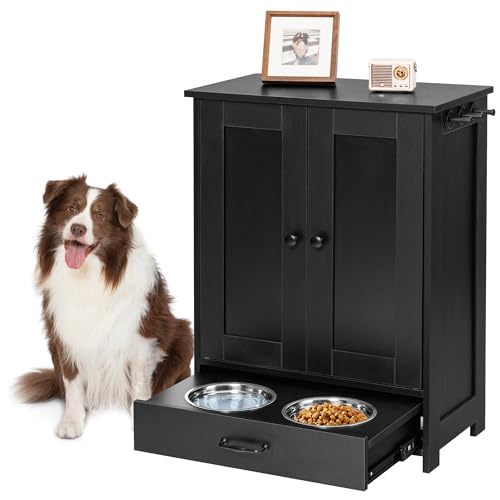 ALINE FURNITURE Dog Feeding Station: Storage Cabinet, 2 Elevated Bowls, Wood Organizer