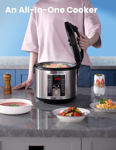 COMFEE 5.2Qt Multi Cooker: Rice Cooker, Slow Cooker, Steamer & More - 12 Cooking Programs, Large Capacity, Keep Warm - Black/Silver