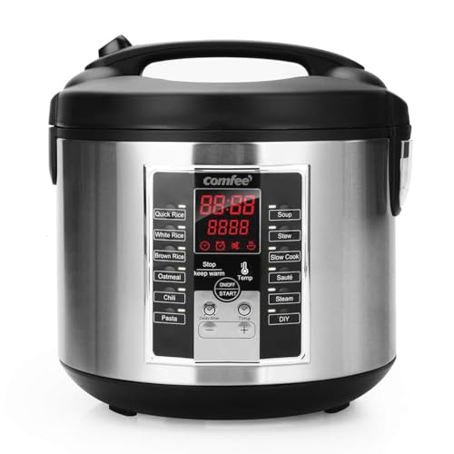 COMFEE 5.2Qt Multi Cooker: Rice Cooker, Slow Cooker, Steamer & More - 12 Cooking Programs, Large Capacity, Keep Warm - Black/Silver