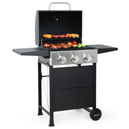 MASTER COOK 3 Burner BBQ Gas Grill, Stainless Steel 30K BTU with Foldable Shelves - Patio Garden Barbecue