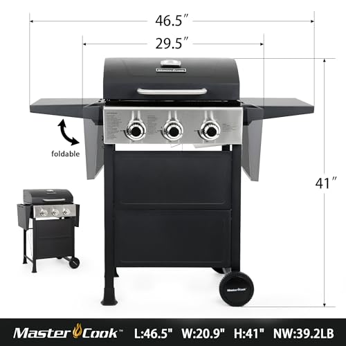 MASTER COOK 3 Burner BBQ Gas Grill, Stainless Steel 30K BTU with Foldable Shelves - Patio Garden Barbecue