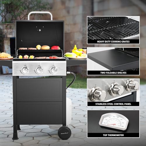 MASTER COOK 3 Burner BBQ Gas Grill, Stainless Steel 30K BTU with Foldable Shelves - Patio Garden Barbecue