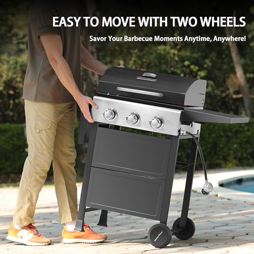 MASTER COOK 3 Burner BBQ Gas Grill, Stainless Steel 30K BTU with Foldable Shelves - Patio Garden Barbecue