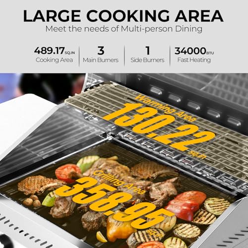 Outdoor BBQ Grill with Side Burner, Cast Iron Grates - Portable Stainless Steel, 3-Burner Propane Gas Grill - Patio/Camping