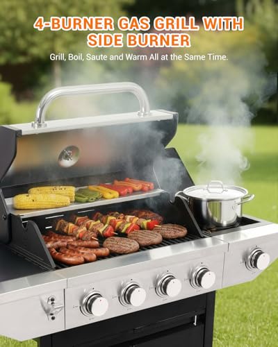 Stainless Steel Gas BBQ Grill with Side Burner, Cast Iron Grates