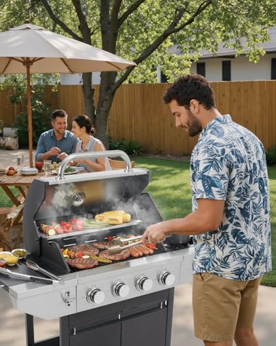 Stainless Steel Gas BBQ Grill with Side Burner, Cast Iron Grates