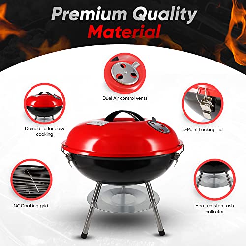Gas One Portable BBQ Grill 14-inch with Locking Lid & Dual Venting - Small Charcoal Grill for Backyard, Camping