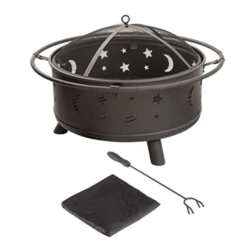 Pure Garden 32-Inch Outdoor Wood Burning Fire Pit with Screen, Poker & Cover - Ideal for Backyard, Deck, or Patio