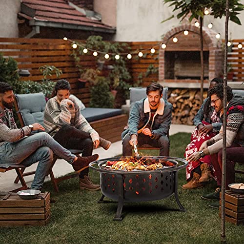 SINGLYFIRE 36" Outdoor Fire Pit: Large Crossweave Wood Burning Bronze Bonfire for Patio Backyard with BBQ Grate & Spark Screen