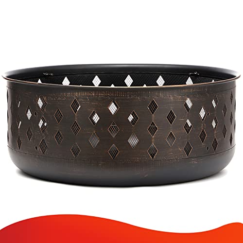 SINGLYFIRE 36" Outdoor Fire Pit: Large Crossweave Wood Burning Bronze Bonfire for Patio Backyard with BBQ Grate & Spark Screen