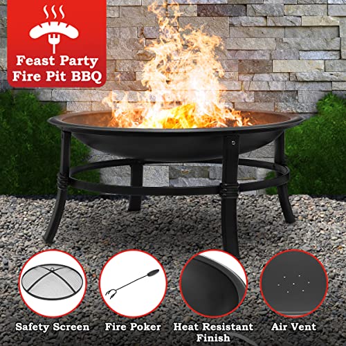 SINGLYFIRE Outdoor 26" Fire Pit: Heavy Duty Steel Bonfire Bowl for Patio, Backyard, Camping - Spark Screen, Log Grate, Poker