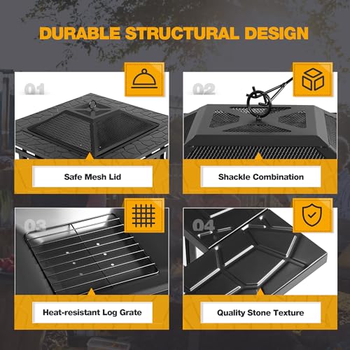 Devoko 32 Inch Firepit Table Metal Outdoor Fire Pit with Waterproof Cover - Patio Camping Fireplaces