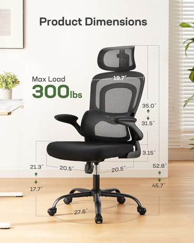Marsail Ergonomic Office Chair with Lumbar Support, High Back Desk Chair, 2D Headrest, Flip-Up Armrests, Tilt Function - Black