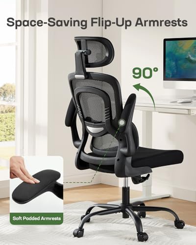 Marsail Ergonomic Office Chair with Lumbar Support, High Back Desk Chair, 2D Headrest, Flip-Up Armrests, Tilt Function - Black
