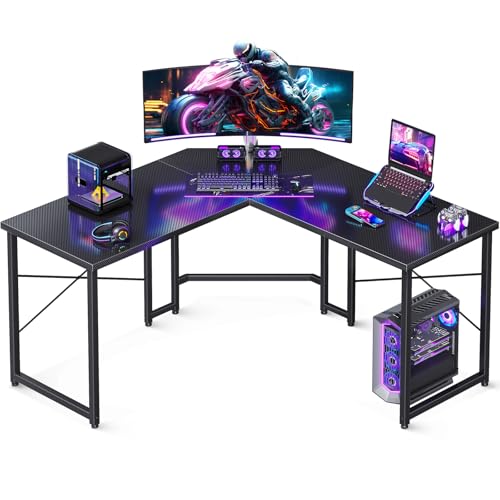 Casaottima Gaming Desk: L-Shaped Corner Table for Home Office, Sturdy Workstation, Easy Assembly, Carbon Fiber Surface, 51 inch Black