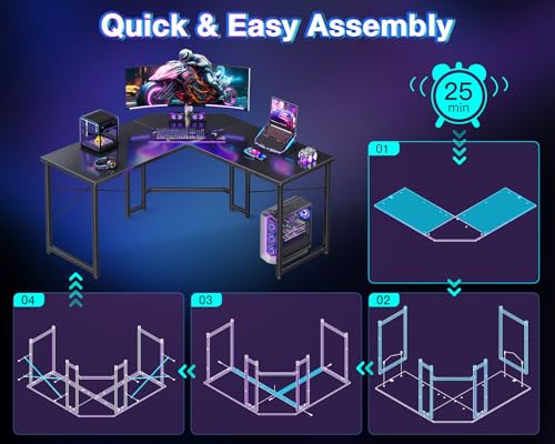 Casaottima Gaming Desk: L-Shaped Corner Table for Home Office, Sturdy Workstation, Easy Assembly, Carbon Fiber Surface, 51 inch Black