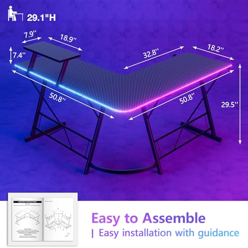 Mr IRONSTONE Gaming Desk, LED Lights, L-Shaped Corner, Cup Holder, Headphone Hook, Large Monitor Stand, Carbon Fiber Surface, Black 51 inch