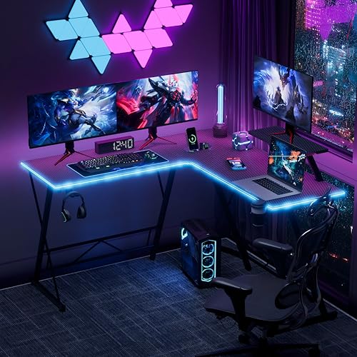 Mr IRONSTONE Gaming Desk, LED Lights, L-Shaped Corner, Cup Holder, Headphone Hook, Large Monitor Stand, Carbon Fiber Surface, Black 51 inch