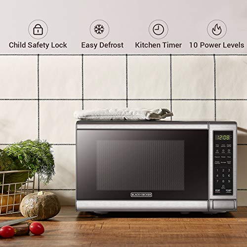 BLACK+DECKER Microwave Oven, Push-Button Door, Child Safety Lock, 700W, Stainless Steel, 0.7 cu.ft
