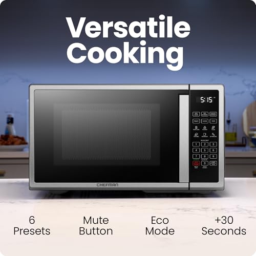 Chefman Microwave Oven 1.1 Cu. Ft. Stainless Steel - 1000W, 6 Auto Menus, 10 Power Levels, Eco Mode, Memory - Easy Clean