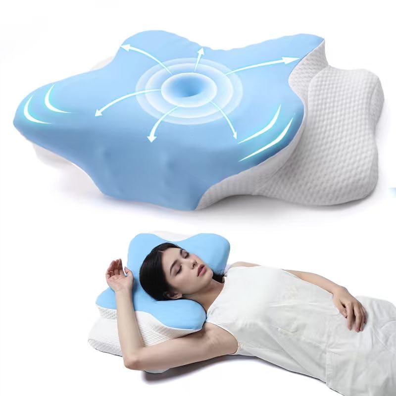 AmzHandler Neck Pain Relief Memory Foam Pillow - Orthopaedic Support for Side, Back & Stomach Sleepers - Cooling Ice Silk Cover, Blue