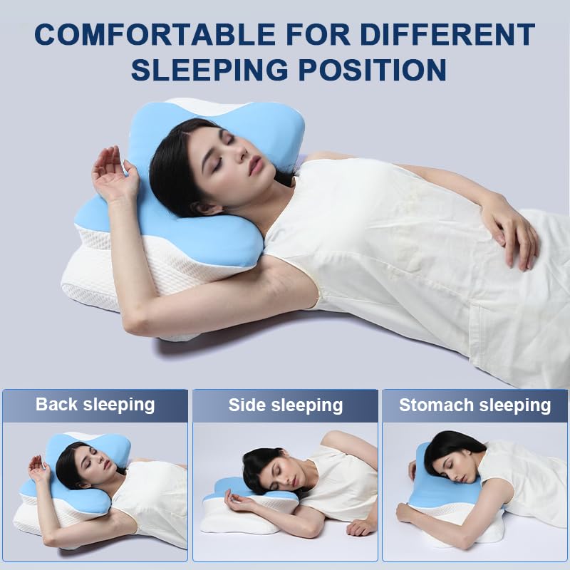 AmzHandler Neck Pain Relief Memory Foam Pillow - Orthopaedic Support for Side, Back & Stomach Sleepers - Cooling Ice Silk Cover, Blue