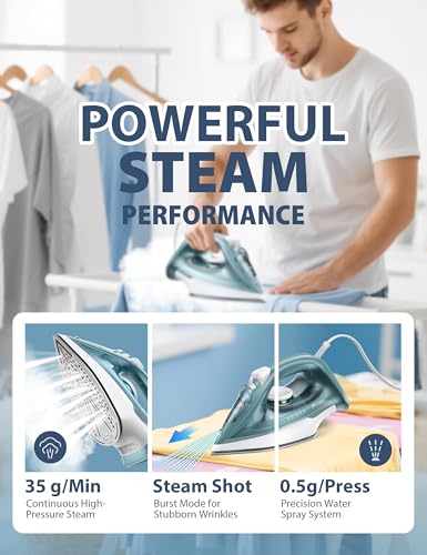Sundu 1500W Steam Iron - Ceramic Soleplate, Rapid Heat, Self-Clean, Auto-Off - Home Use Green