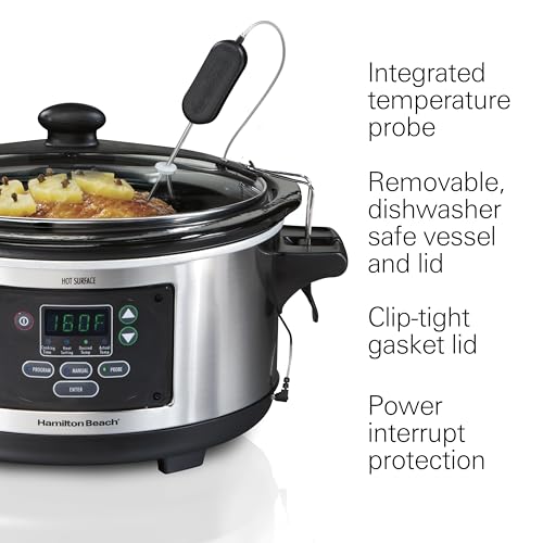 Hamilton Beach 6 Quart Slow Cooker with Lid Lock & Temperature Probe, Dishwasher Safe Crock & Lid, Stainless Steel