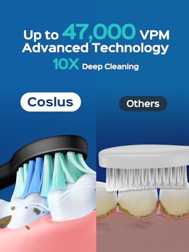 COSLUS Sonic Toothbrush: 47000 VPM Deep Clean & Whitening - 5 Modes, Wireless Charging, 6 Brush Heads - Black