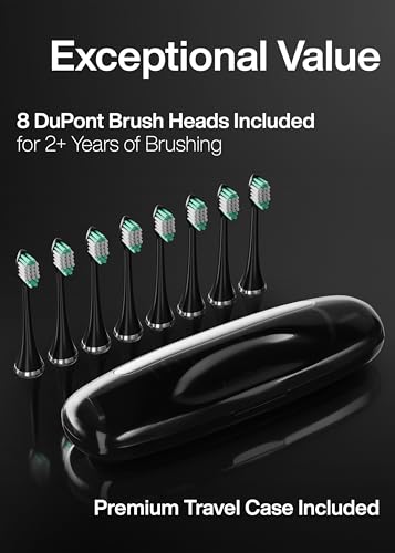 Aquasonic Black Series Toothbrush - Whitening, ADA Accepted, 8 Brush Heads, Travel Case - 40,000 VPM Motor, Wireless Charging - 4 Modes