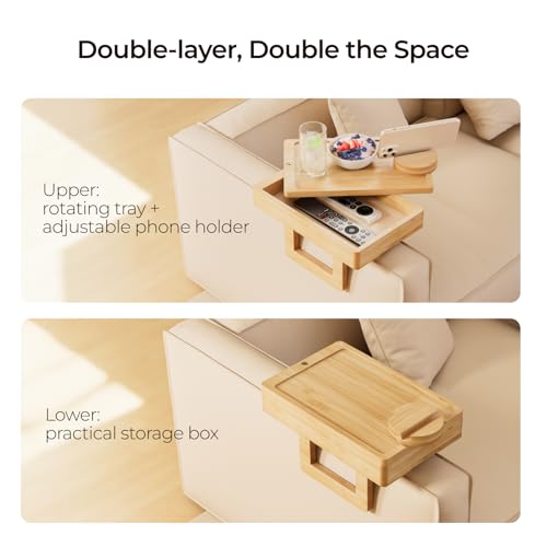 Wealone Mini Couch Arm Table: Bamboo Sofa Tray with Storage, Rotating Tabletop, Phone Stand. Adjustable Clip for Snacks/Dining.