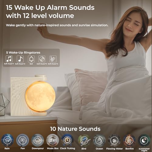 INSSISAIN Moon Lamp with Luminous Alarm Clock - 8 Colors LED, Nature Sounds