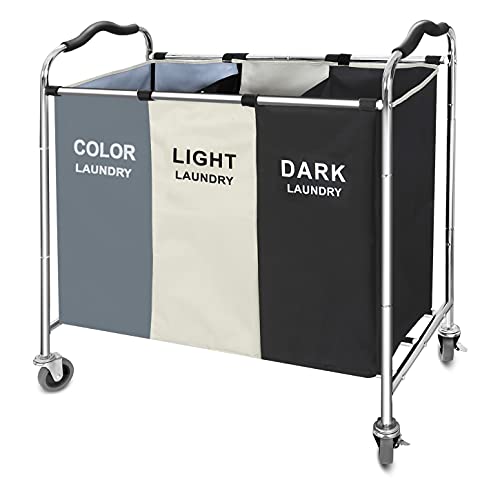 Laundry Basket on Wheels 240l, 3 Section Bag for Dirty Clothes, Dorm Essentials, Towel & Toys Storage Cart