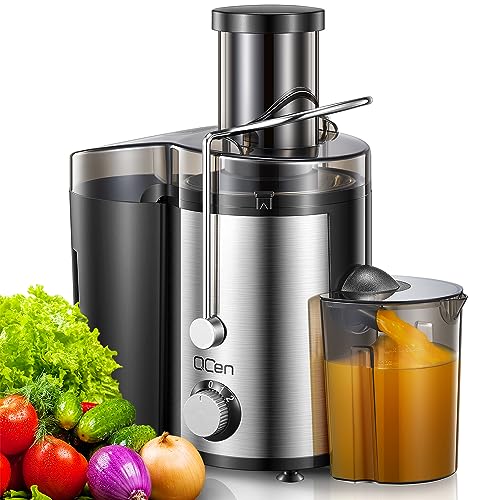 Qcen 800W Centrifugal Juicer Extractor, Wide 3" Feed Chute, Stainless Steel - Easy to Clean, BPA-free - Fruit Vegetable Juicer
