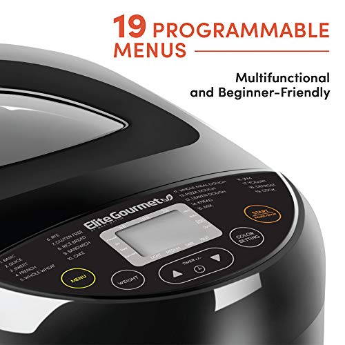 Elite Gourmet Bread Maker Machine: 3 Loaf Sizes, 19 Menu Functions, Gluten Free, 2 Lbs, Black