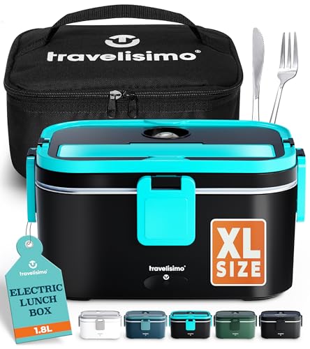 TRAVELISIMO Heated Lunch Box - 1.8L Capacity, 80W Electric - Stainless Steel, Adults 3-in-1 Car Lunchbox