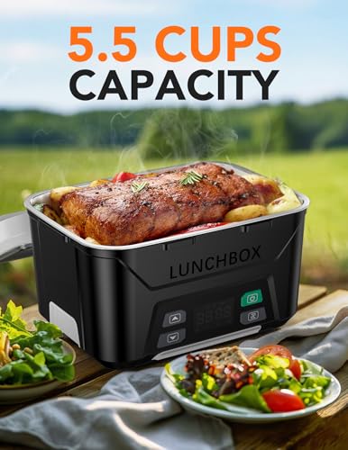 EAST OAK Electric Lunch Box for Adults, Battery-Powered Heated Food Warmer, Portable 5.5 Cups with Removable Tray Divider