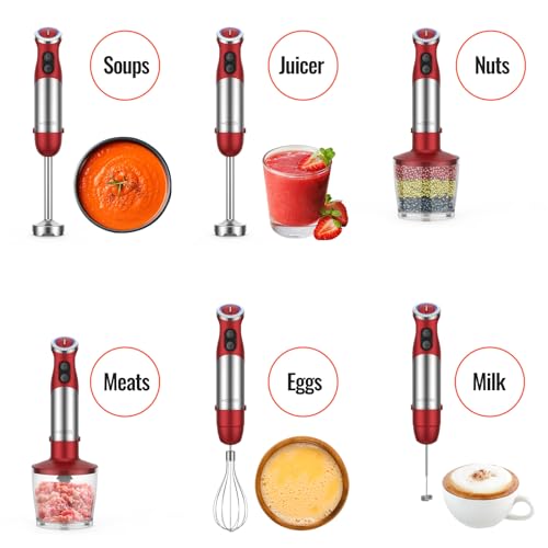 KOIOS 5-in-1 Hand Blender: 1000W, 12 Speeds, Stainless Steel Blade, Mixing Beaker, Food Processor, Whisk, Milk Frother - Red