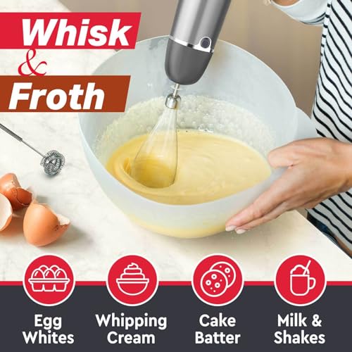 Mueller Multistick 5-in-1 Handheld Blender - 12 Speed Mixer, Turbo Boost, Copper Motor, Titanium Blades - Milk Frother, Whisk, Chopper - Grey