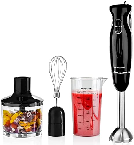 OVENTE Hand Blender: Portable Stick Mixer Set, 300W, 2 Speeds, Stainless Steel Blades, Egg Whisk, Beaker, Food Chopper - Black