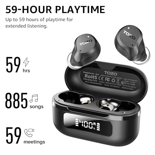 TOZO NC9 Wireless Earbuds: Active Noise Cancelling, Clear Call, IPX8 Waterproof, Bluetooth 5.3, 59H Playtime
