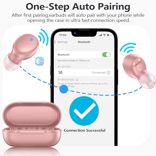 MOZOTER S8 Mini Wireless Earbuds, Bluetooth 5.3, 60Hrs Playtime, Deep Bass, Sport-Pink